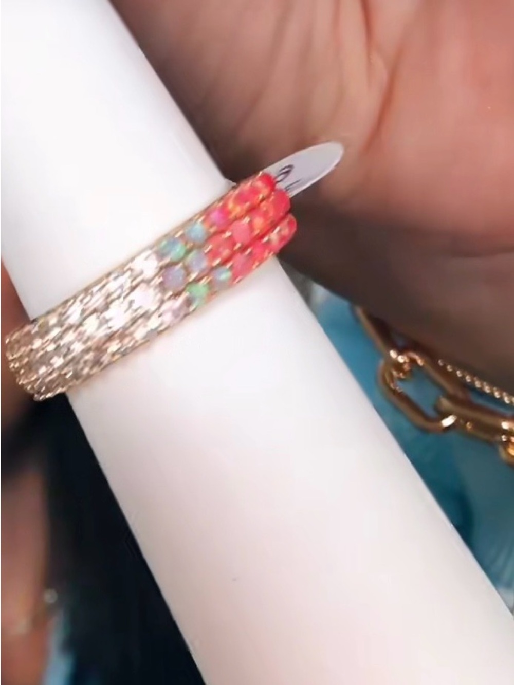 Gold Stackable Ring with Coral and Opal Accent Stones